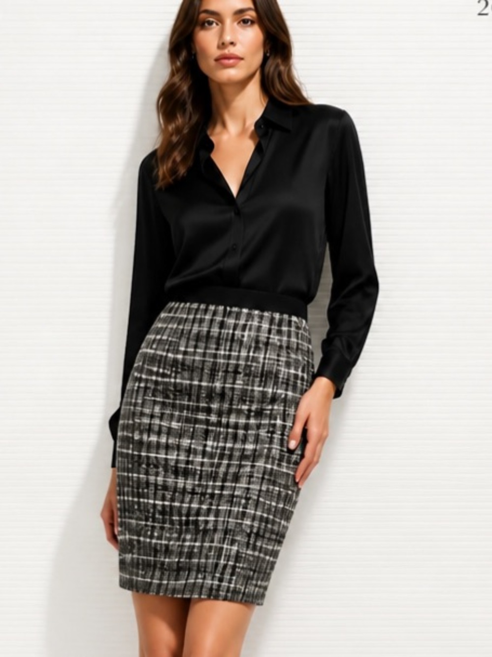 CITi YANASI FUGEL Skirt 100% Wool Plaid Wrap Career Black Tan A-Line 10